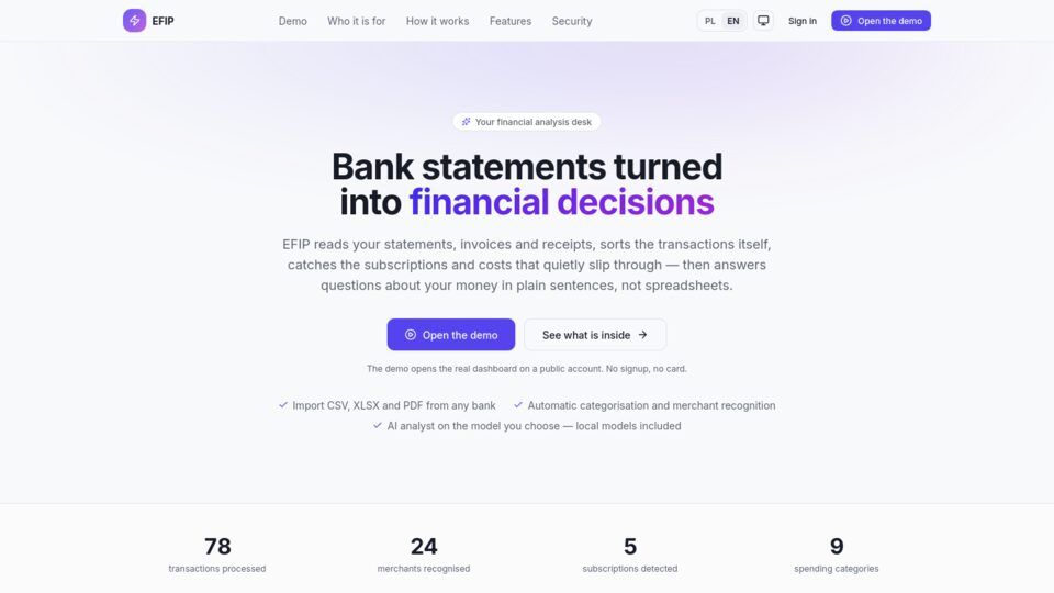 EFIP landing page: bank statements turned into financial decisions