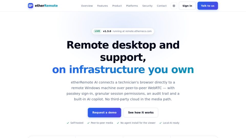 etherRemote AI landing page: remote desktop and support on infrastructure you own