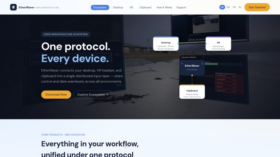 EtherWaver landing page: one protocol, every device