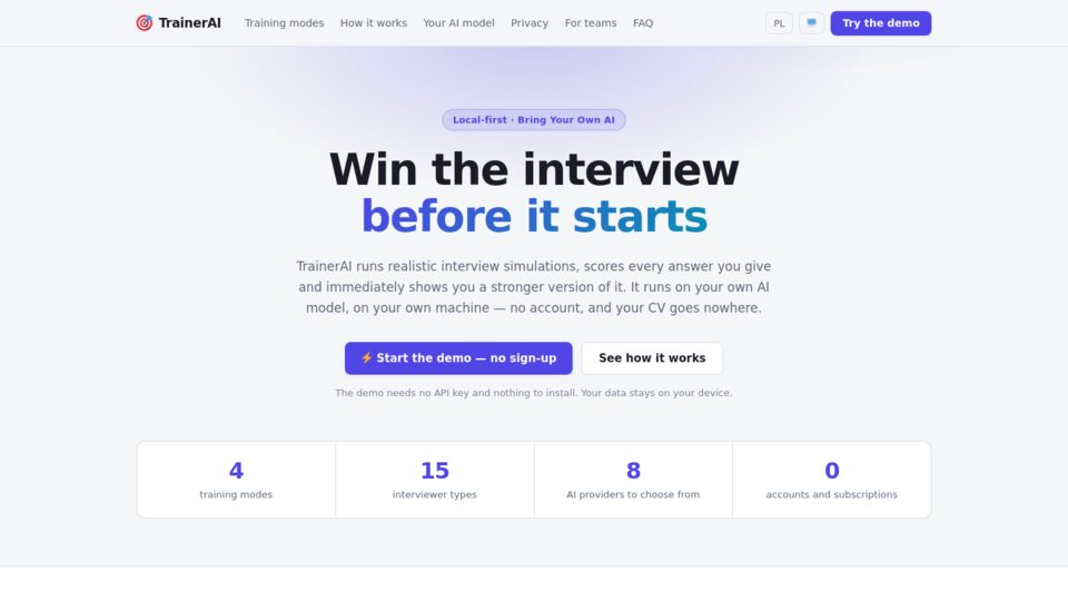 TrainerAI landing page: win the interview before it starts